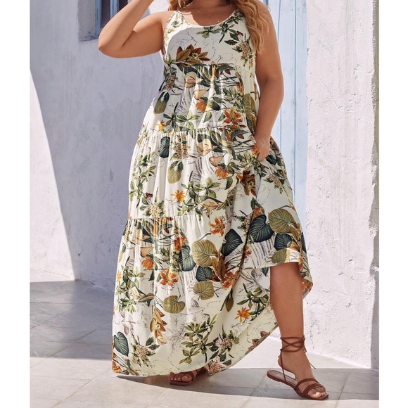 Plus Floral Tropical Print HIgh Waisted Flowy Cami Maxi Dress - Picture 6 of 7